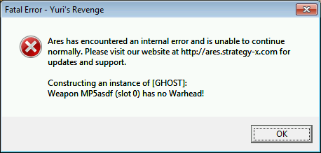 Screenshot of an Ares Internal Error dialog showing the cause of an Internal Error