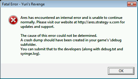 Screenshot of an Ares Internal Error dialog after recording an Internal Error